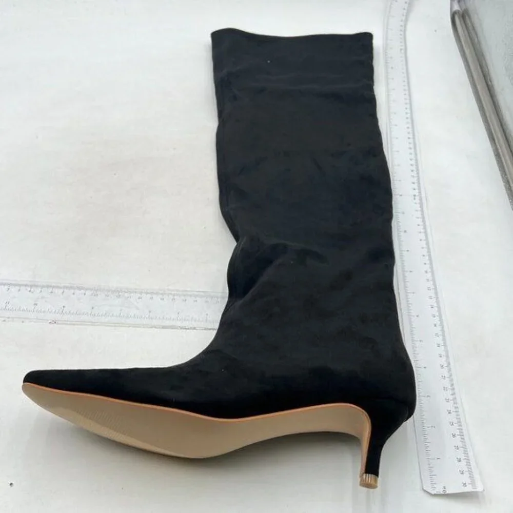 Black Women Stretchy Knee High Boots Closed Toe Kitten Heels Winter Long Boots
